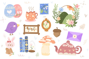 Fototapeta premium Illustrations of nature decorations, teapots, picnic items, nature backgrounds.