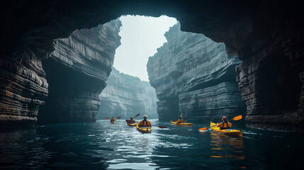 A group of people are floating in a canoe on a lake with blue clear water among caves and gorges - obrazy, fototapety, plakaty
