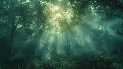 Nature Photography, Misty forest scenery with sunlight filtering through trees.