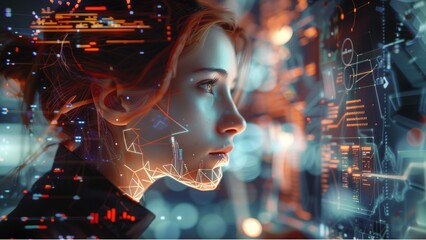 a woman interacting with futuristic, holographic interface elements