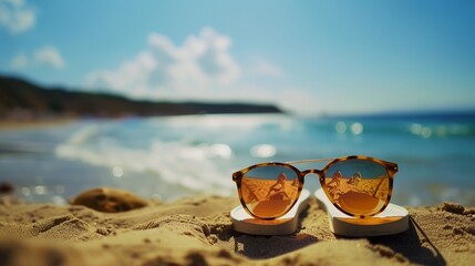 Fototapeta na wymiar a pair of sunglasses sitting on the sand of a beach
