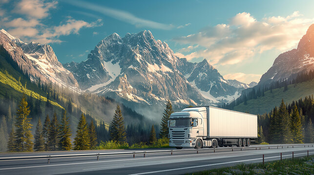 
a white cargo truck with a white blank empty trailer for ad on a highway road in the united states. beautiful nature mountains and sky