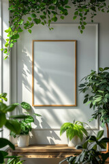 Interior Design, A blank frame mockup on a wall surrounded by lush indoor plants.