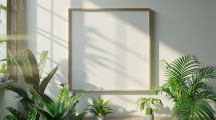 Interior Decor, A mockup of a minimalist photo frame on a white wall surrounded by lush indoor plants.