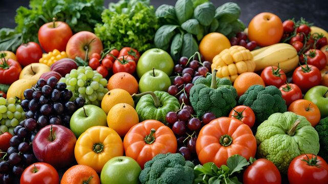 A colorful variety of fresh fruits and vegetables, including tomatoes, peppers, cucumbers, and apples, are piled high on a market table
