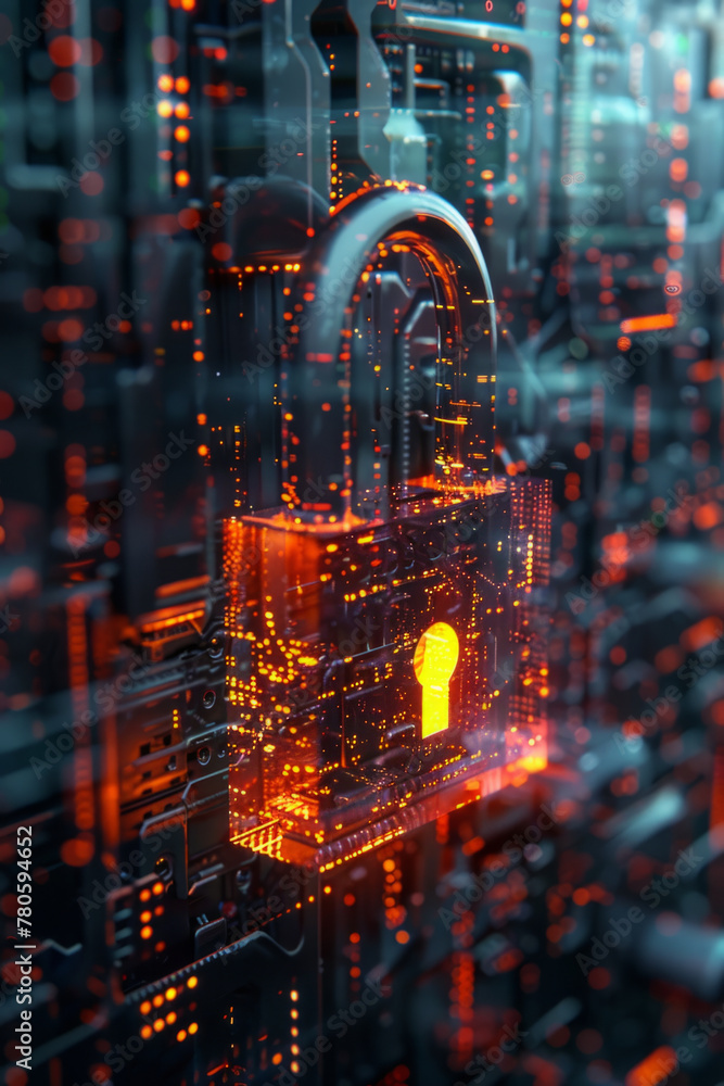 Poster cybersecurity, a holographic padlock signifies robust digital security amidst complex coding environ