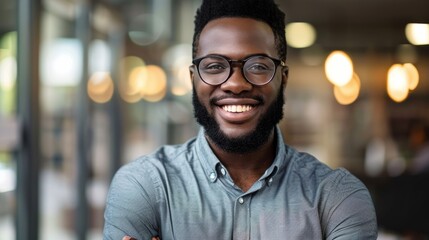 Fototapeta premium A man with glasses and a beard smiling for the camera, AI
