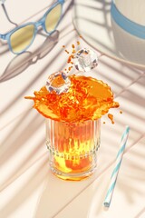 Colorful fruit mocktail with a dynamic splash in a glass. Refreshing summer beverage with sunny shadow on wooden table. Summer vacation concept.