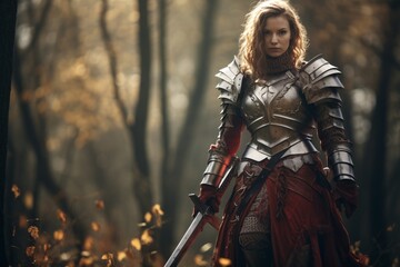 Portrait of a female warrior with a sword in medieval armor in the forest