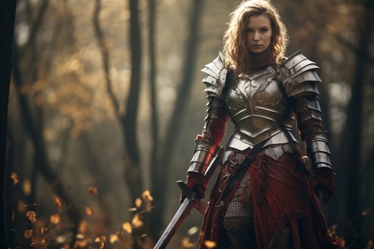 Portrait of a female warrior with a sword in medieval armor in the forest