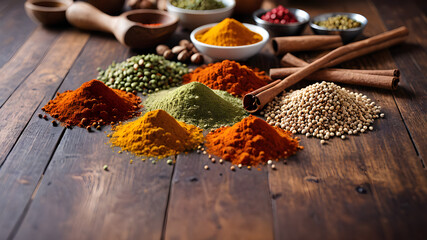 Colorful Spice Market Table with Herbs and Seeds - obrazy, fototapety, plakaty