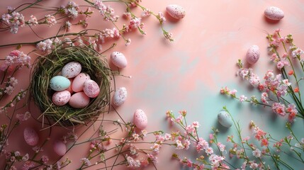 Obraz na płótnie Canvas bird's nest is filled with pink and blue speckled eggs and surrounded by pink flowers and branches