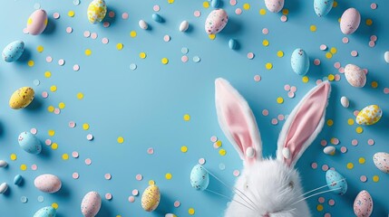 A white Easter bunny is surrounded by colorful Easter eggs and confetti.