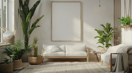 Interior Design, Photo frame  mockup. A cozy, minimalist Scandinavian-style living room.