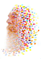 An old man's half profile blending into a colorful pattern in paintography - 780595232