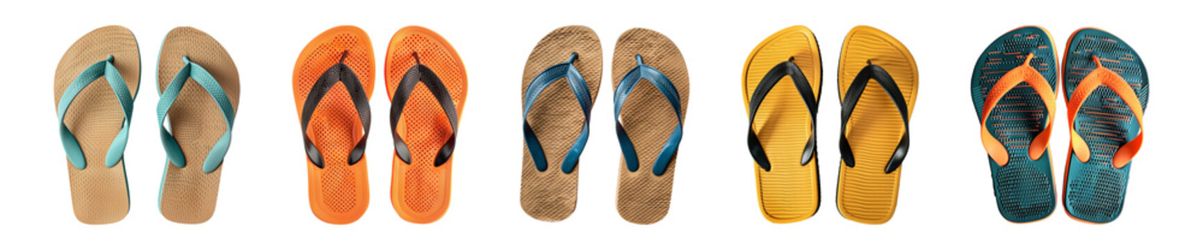 Collection of rubber sandals flip-flops isolated on a transparent background, summer, PNG