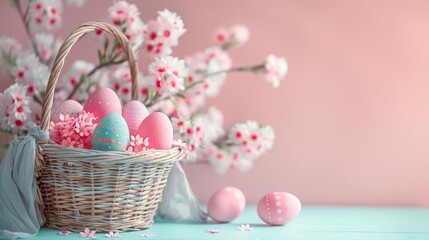 Fototapeta na wymiar A basket filled with pink and blue Easter eggs and pink cherry blossom flowers