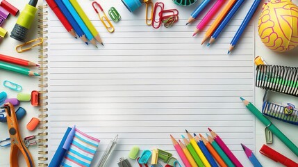 A blank notebook is surrounded by colorful school supplies