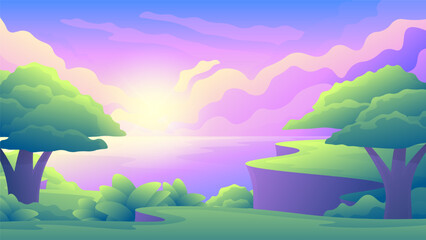 High hill above the sea on a beautiful pink sky with sunset fluffy clouds background.