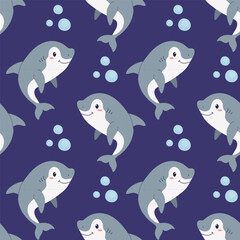Cute pattern with baby shark with bubbles of sea water for children on a blue background. Marine background, for wallpaper, scrapbooking, wrapped paper, children's clothing.