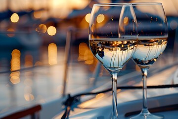 Elegant wine glasses on yacht deck at sunset with romantic atmosphere