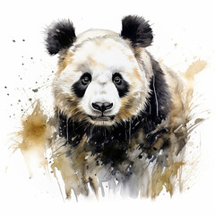 Giant panda digital watercolour painting on white, with vibrant brushstrokes and dynamic splashes.