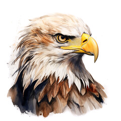 A detailed digital watercolour illustration of a bald eagle. Closeup portrait on white background.