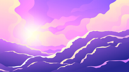 Beautiful sunbeams over the ridge of mountains. Sunset on top of mountains with pink evening sky background.