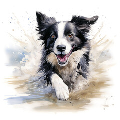 Beautiful border collie dog running through a stream. Watercolour painting isolated on white background.