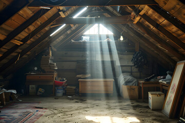 Sunlight streams through an attic window, illuminating dust particles and creating a warm, ethereal atmosphere amidst wooden beams and scattered objects.