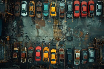 Aerial view of parked cars in lot with automotive tires and lighting - Powered by Adobe