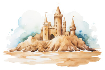 Fairy tale sandcastle on the beach. Digital watercolour on white background. 