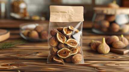 Product Design, Organic dried figs packaging mockup on a wooden backdrop. - obrazy, fototapety, plakaty