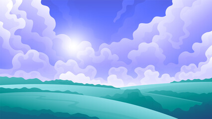 Cloudscape over green meadows illustration. Colorful abstract hills landscape.