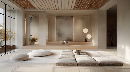 living room in Japanese interior style, neutral colors