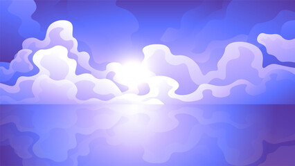 The blue sky with fluffy clouds is reflected in the water surface of the horizontal landscape.