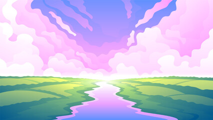 Beautiful pink sunset over the river. Cloudscape is reflected in the flowing river around the grassland green fields.