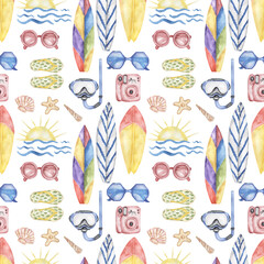 Travel watercolor seamless pattern with sunglasses, beach hat, camera, sun and sea, beach, flip flop and surf board illustration, traveler elements repeat paper - 780597237