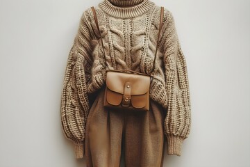 Flat lay of womens casual outfit with brown pants beige sweater and bag. Concept Fashion, Women's Outfit, Casual Style, Flat Lay Photography, Brown Pants - obrazy, fototapety, plakaty