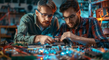Two men working on a circuit board together in the dark, AI - Powered by Adobe