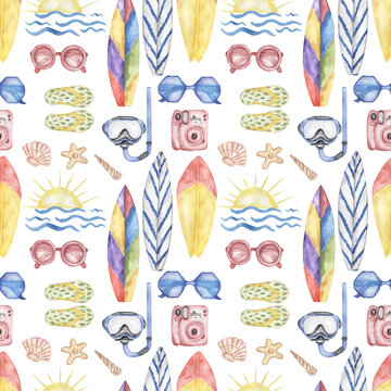Travel watercolor seamless pattern with sunglasses, beach hat, camera, sun and sea, beach, flip flop and surf board illustration, traveler elements repeat paper