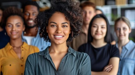 Fototapeta premium A group of people standing in a line with one woman smiling, AI
