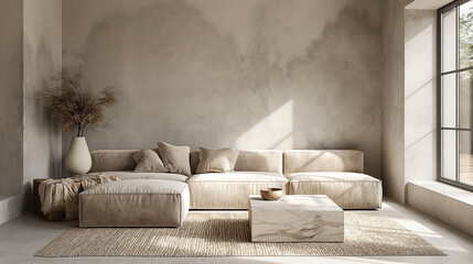 Minimalist corner sofa with light marble coffee table