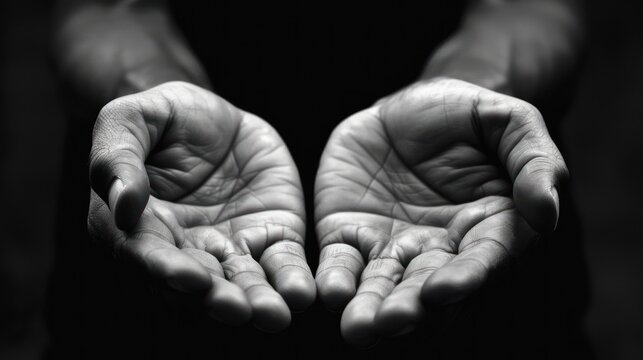 Black and white poverty hands opening with palms up on dark room background