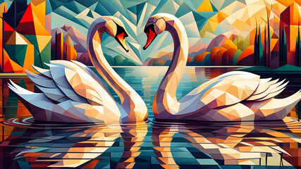 Obraz premium A pair of white swans in love on the lake and reflection in the water. mosaic. illustration