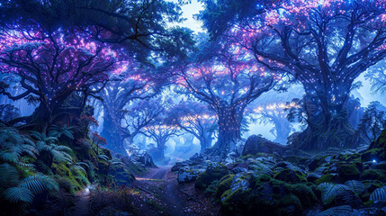 Enchanted Twilight Forest Path with Bioluminescent Trees and Ferns.