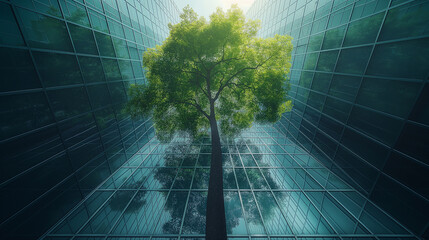 
Sustainble green building. Eco-friendly building. Sustainable glass office building with tree