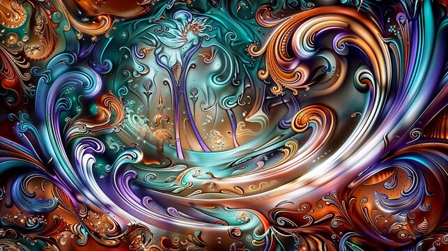 Abstract Metallic Fractal Flowers with Swirling Patterns and Bright Accents.