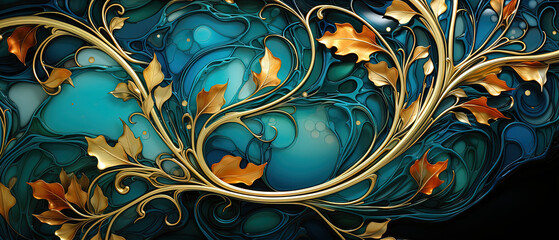 a very beautiful blue and gold art work with leaves