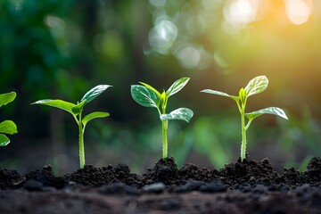 Three small plants are growing in the dirt